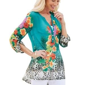 Soft Surroundings Tropical Tunic Top Womens M Teal Green Floral Leopard Resort